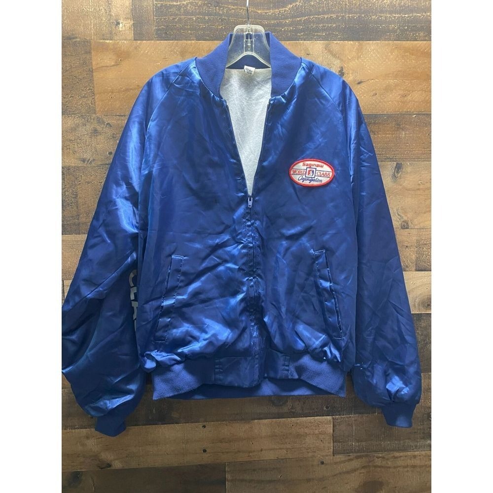 Saginaw World Class Organization Bomber Jacket Mens Large Blue Satin Full Zipper